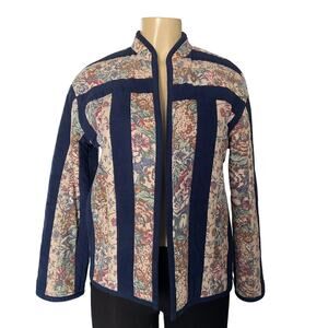 Vintage Floral Quilted Jacket Blue Striped Boho Cottagecore Women’s Size M